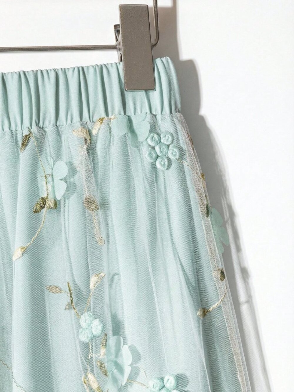 Mint Green Boho Women's Elegant Embroidered Mesh Floral A-Line Skirt - Picture 3 of 4